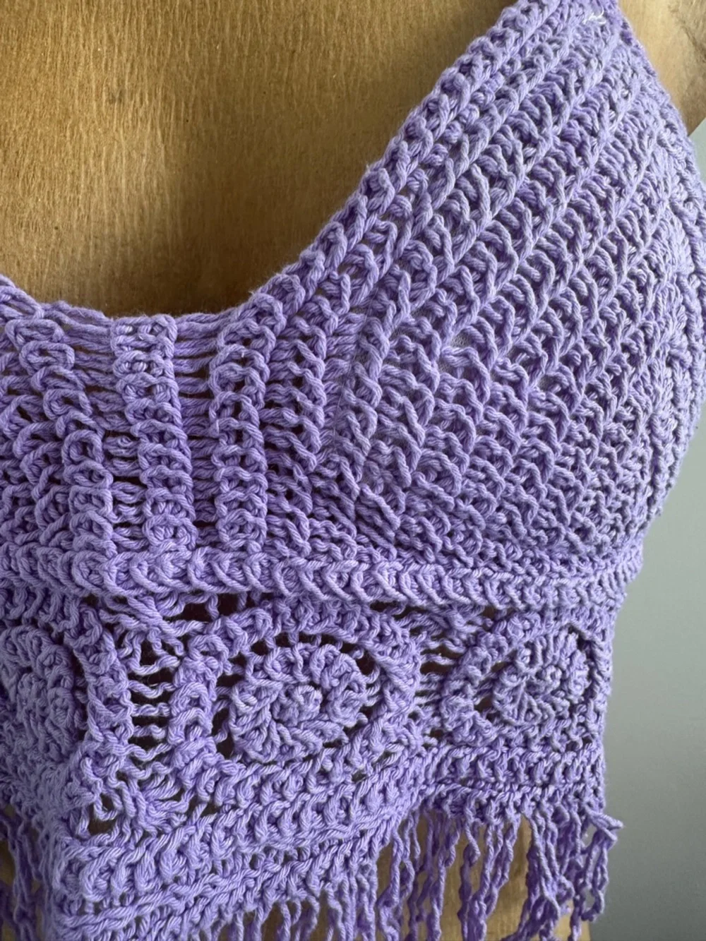 Lavender Crochet Halter Fringe Crop Top - Picture 2 of 5